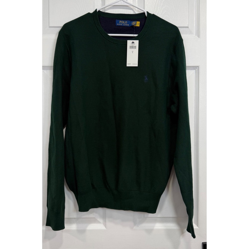 Polo Ralph Lauren Mens Green Textured Cotton Crewneck Sweater Large L NWT
